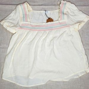 NWT Mine by Blu Pepper Contrast Embroidered Square Neck Detailed Top in Ivory